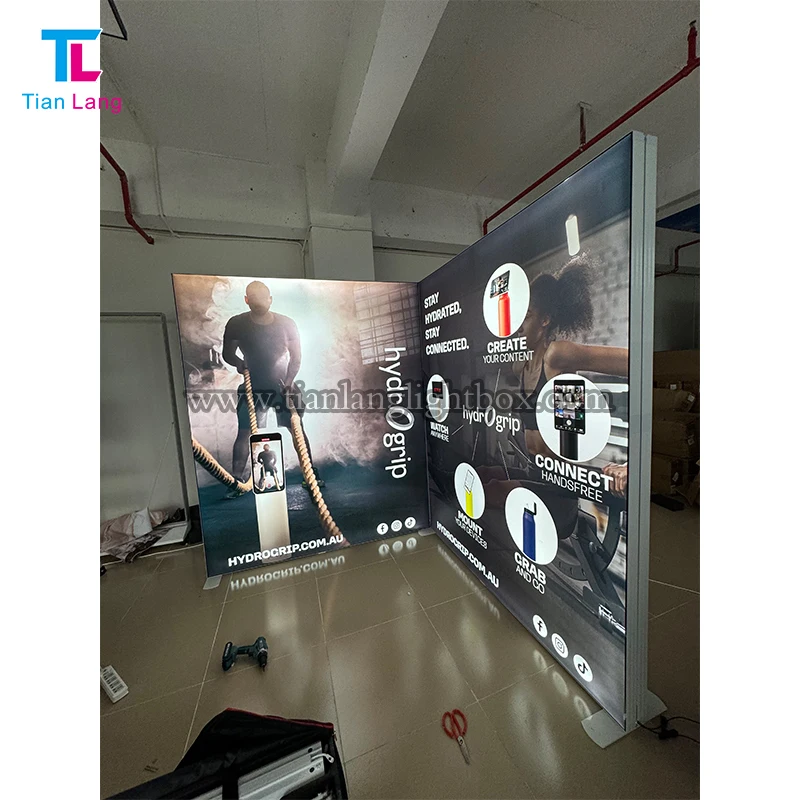 10X10 персонализиран тензионен тканен дисплей с алуминиеви рамки за търговски стенд, изложителен стенд с тканено осветление