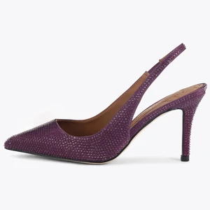 Women Satin Rhinestone Slingback Pumps Purple Color Stiletto Heel Pointed Toe Fashion Trend Summer Autumn Evening Party OEM ODM