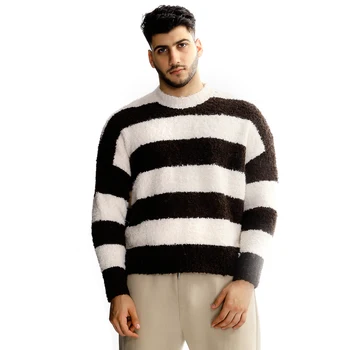 Factory customized winter new wool blend casual ribbed black and white striped mixed color men's sweater