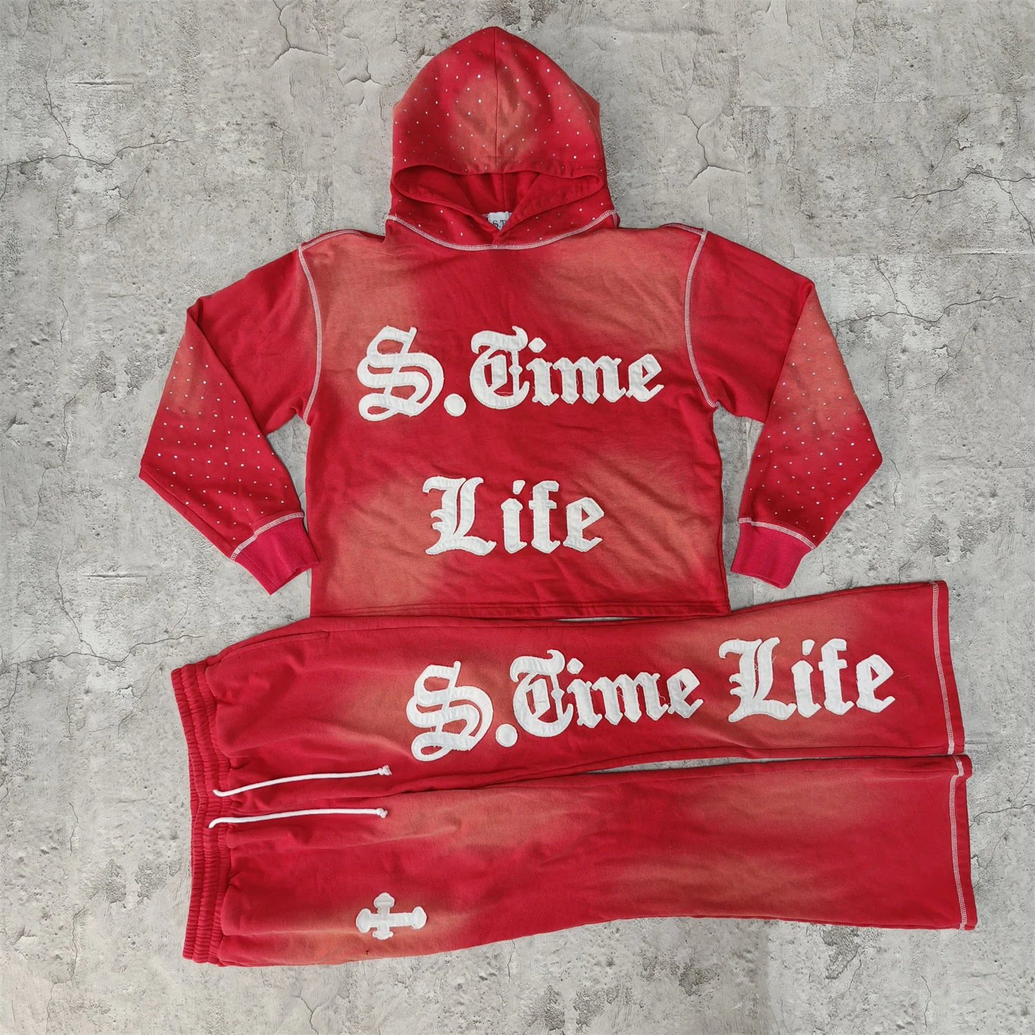 US Free Tax Custom Sticker Embroidery Distressed Patches Logo Streetwear Vintage Sun Faded Hoodie Sets Tracksuits for Men gallery 3