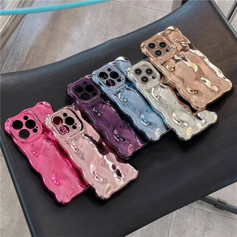 Plating Wrinkle Wavy Curly Edge Phone Case for iPhone 15 11 12 13 14 Pro Max 3D Unevenness Soft Camera Protection Cover