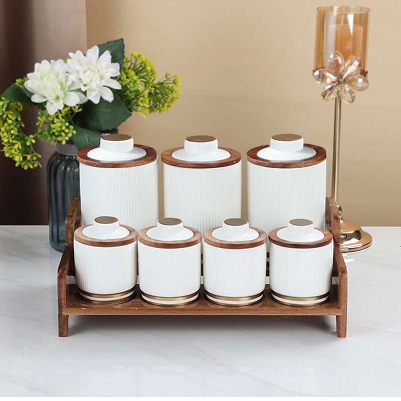 Wholesale 7 pcs porcelain spice jar salt condiment canister set storage bottles & jars