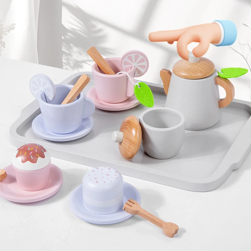 Unisex drewniana kuchnia do odgrywania ról zestaw zabawek podwieczorek deser symulacja nowy hurtowy zestaw do herbaty dla dzieci kuchnia i zabawki w kształcie jedzenia