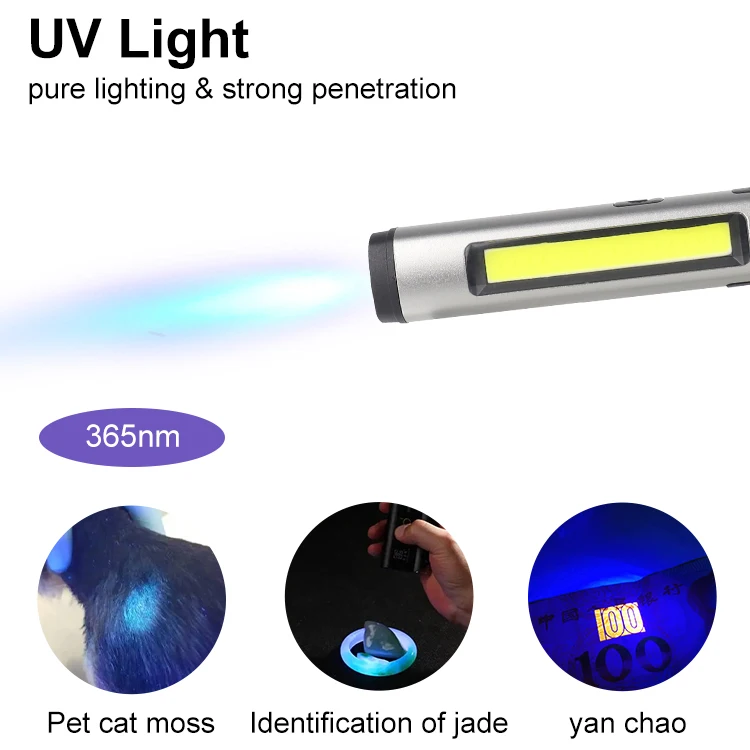 High Quality 365NM UV Rechargeable Pocket Pen Light Multifunction LED Flashlight with Adjustable Clip & Red Point Working Light