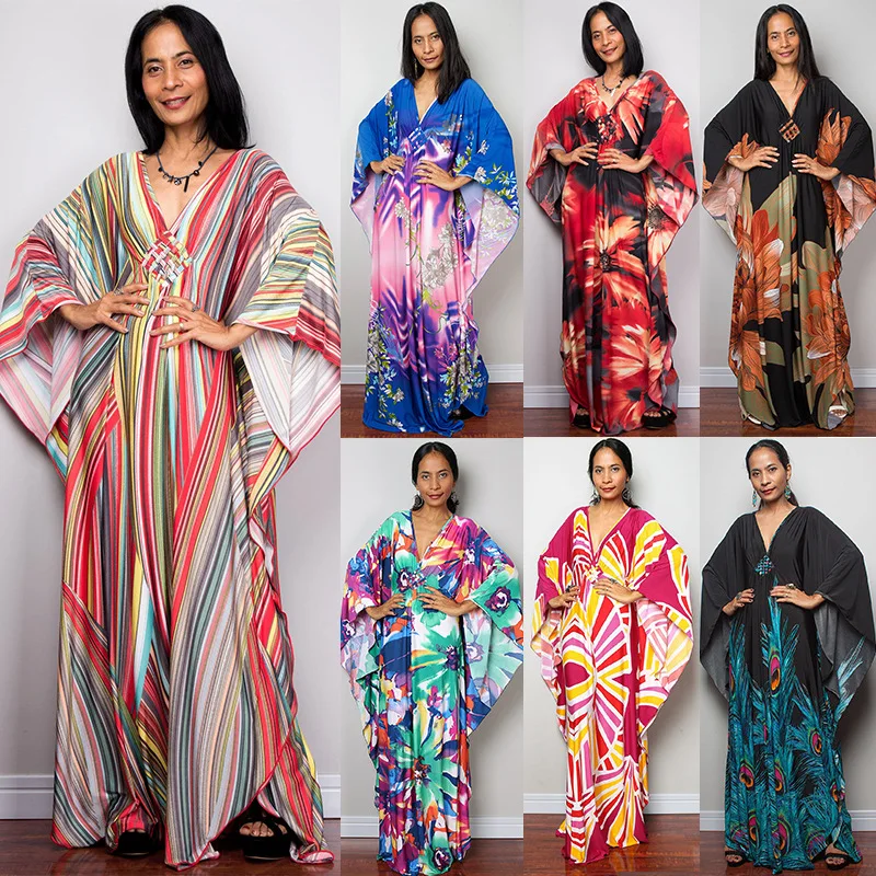 Luxury Women’s Beach Kaftan Cover Up – Colorful Print Maxi Dress with Bat Sleeves