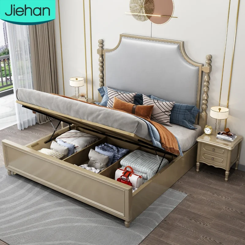 Wooden king Size Double Bed with Storage Space Modern Simple Design Queen Size Bed Room Set Furniture Solid Wood Bed