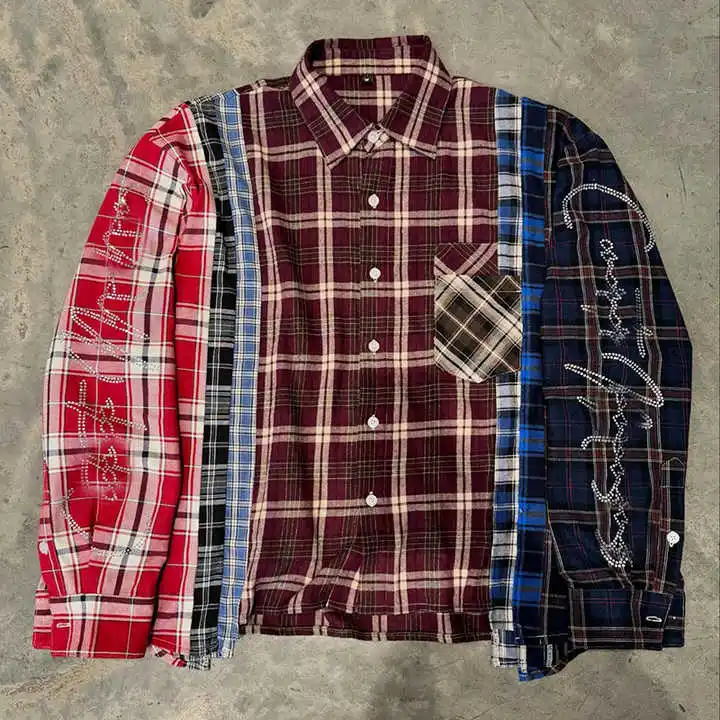 Salati Streetwear Vintage Men's T-shirt Color Block Longsleeve Rhinestone Button up Boxy Fit Plaid Flannel T Shirts With Diamond