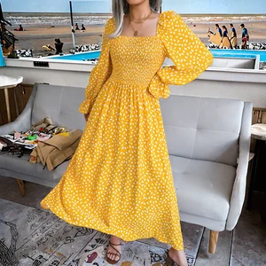 2026 Spring Summer Floral Pattern Cotton Dress Square Neck Long Sleeve Pleated Long Skirt Casual Style XL Size Fabric