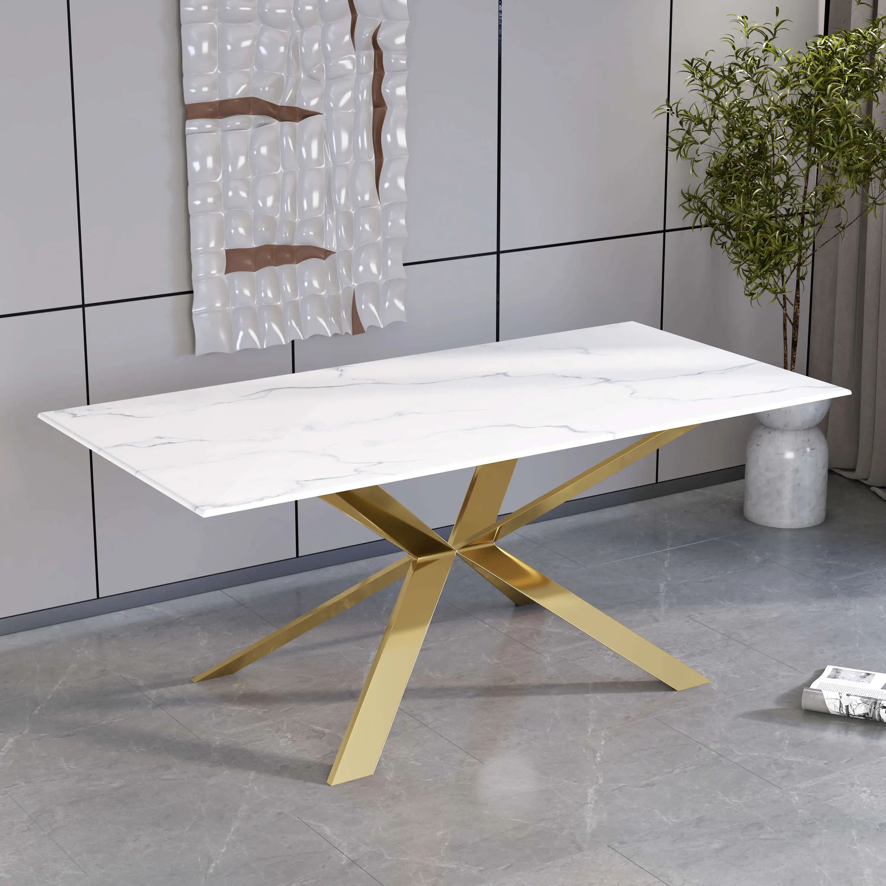 Luxury Modern White Marble Top Dining Table Set With 6 Seater Gold
