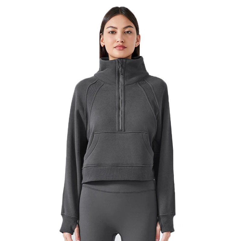 DUOLLB Women's Winter Sports Set Solid Pattern Fleece-Lined Half Zipper Sweatshirt with High Collar Warm Thickened Sweat Outfit