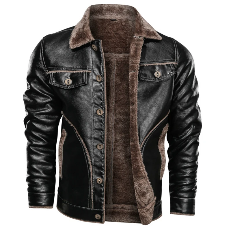 New Arrivals Faux Fur Men Winter Thickening Warm Jaket Turn Down Collar Black Brown Motorcycle Leather Jackets