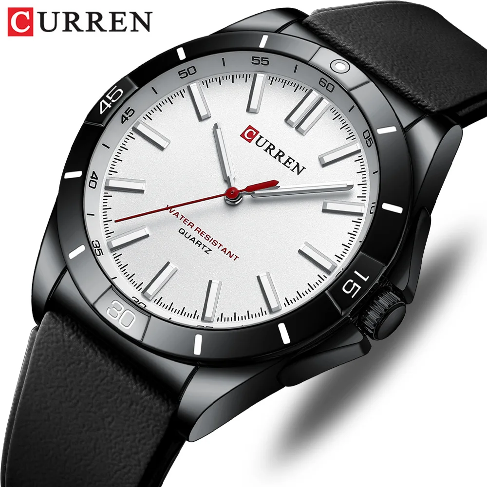 Curren Casual Black Leather Strap With White Round Watch For Men