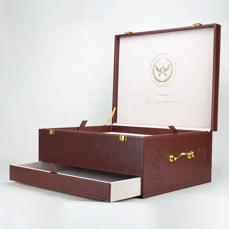 Luxury Large Wood PU Leather Drawer Gift Box Suitcase  Leather Custom Luxury Gift Box Packaging for Burner Bakhoor Wine