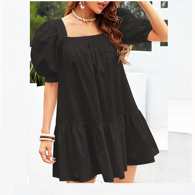 puff sleeve ruffle hem smock dress