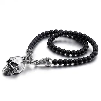 New Mens Design Jewelry Personalized Stainless Steel Skull Pendant Charm Necklace Black Stone Beads Punk Necklace