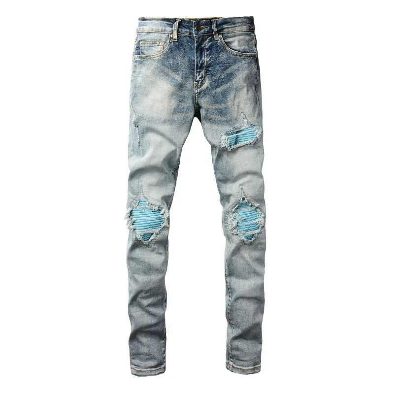 Custom Painted Colored Patch Ripped Street Style Fashion Blue Jeans for Men