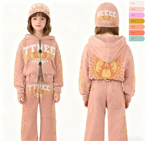 Custom Kids Zip up Distressed Acid Wash Rhinestone Oversized Cropped Heavyweight Sweatpants and Hoodie Hats Set Kids Tracksuit
