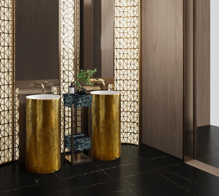 Creative Travertine Surface Gold Electroplated Luxury Style Floor Mounted Artificial Stone Wash Basin Bathroom Pedestal Sink