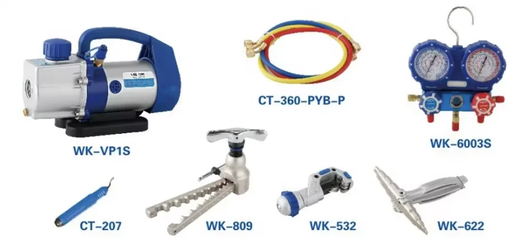 WK-7P Portable Refrigeration Tool Box Vacuum Pump Charging Hose Flaring Tool Pipe Cutter and Manifold Pressure Gauge