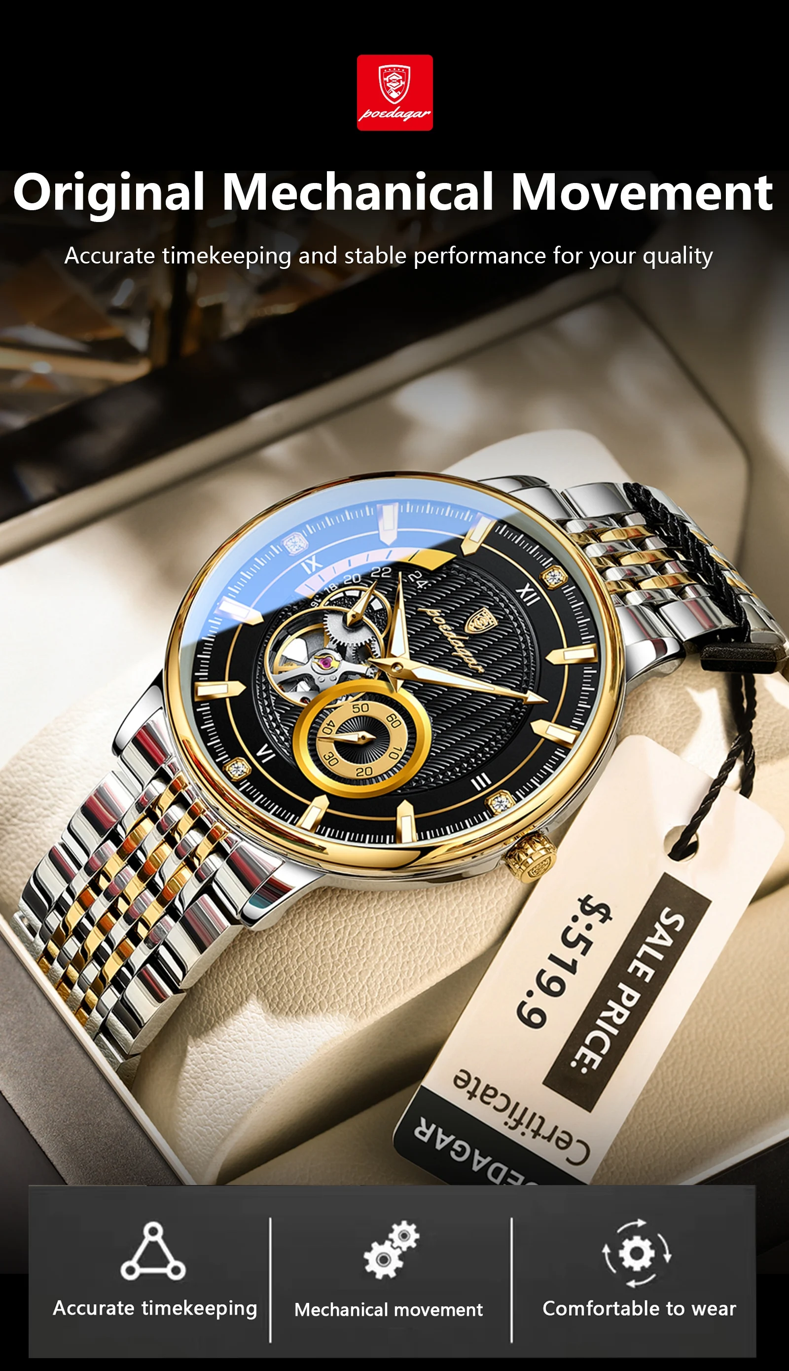 Poedagar 1416 Automatic Waterproof Luminous Mechanical Watch For Men