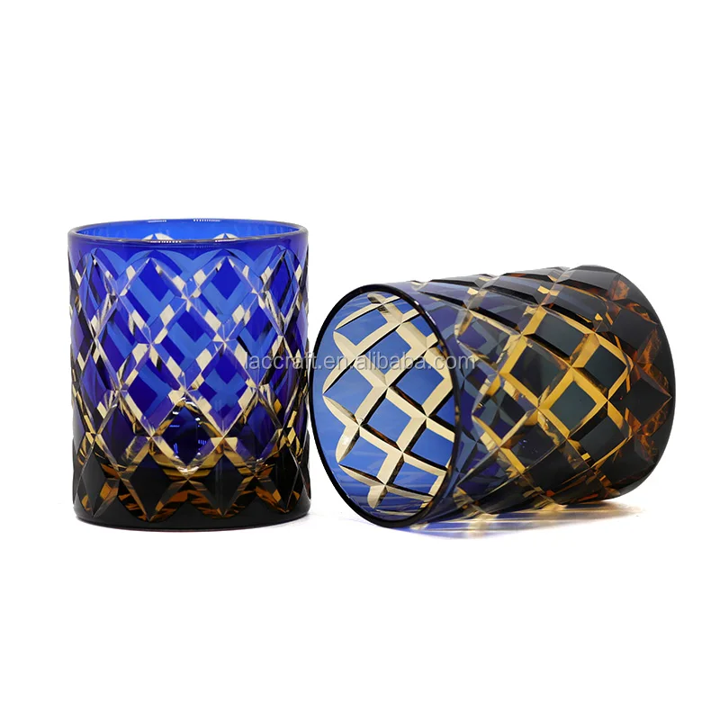 Elegant Hand Carved Colored Overlay Glass Handmade Edo Kiriko Glass Stemless Cup Round Bottom for Vodka, Whisky, Juice
