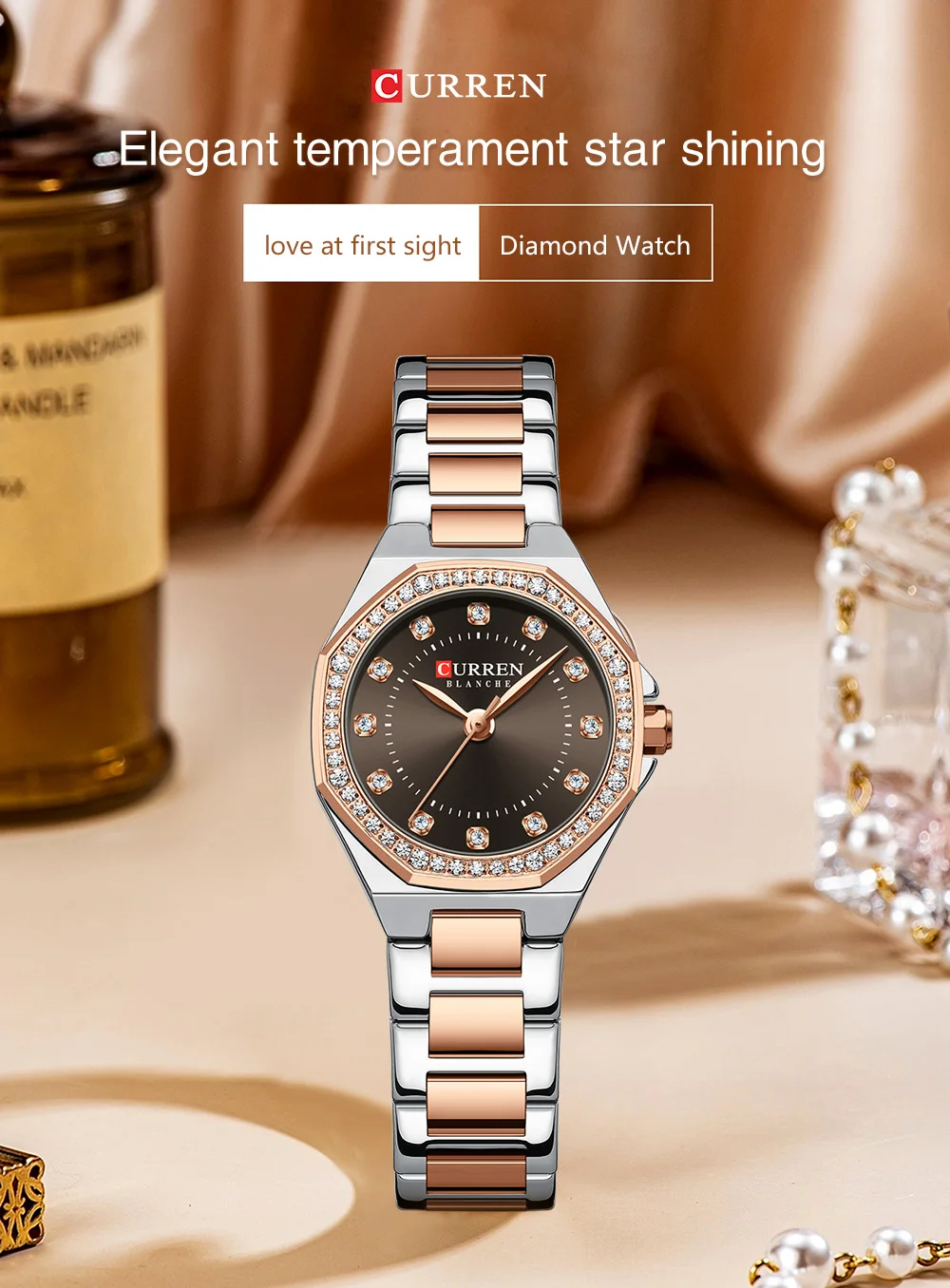 CURREN 9100 Female Stainless Steel Strap Quartz Women's Luxury Elegant Simple Diamonds Ladies Watch Waterproof Luminous Watches
