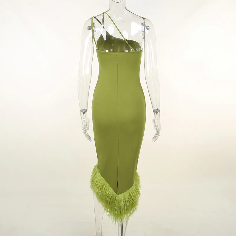 Ojw4958l Women Knitted Oneshoulder Halter Neck Temperament Dress