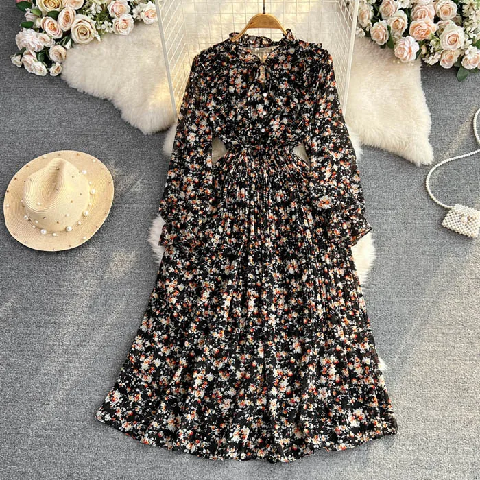 Lauris Chiffon Long Dress 新品・ハンガー・タグ付 YM802 - Sweet Floral Print Dress with Elastic Waist Ruffles