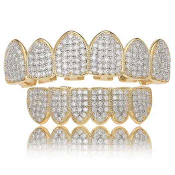 Rolling Stone White gold plating brass with full bling zircon hip hop grillz teeth with case individually packaged