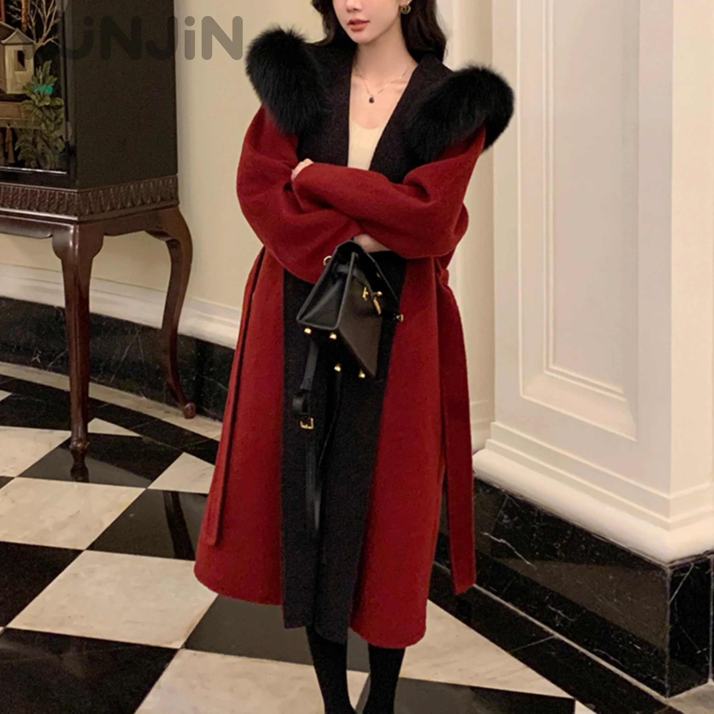 Women's Hooded Wool Coat with Fox Fur Collar