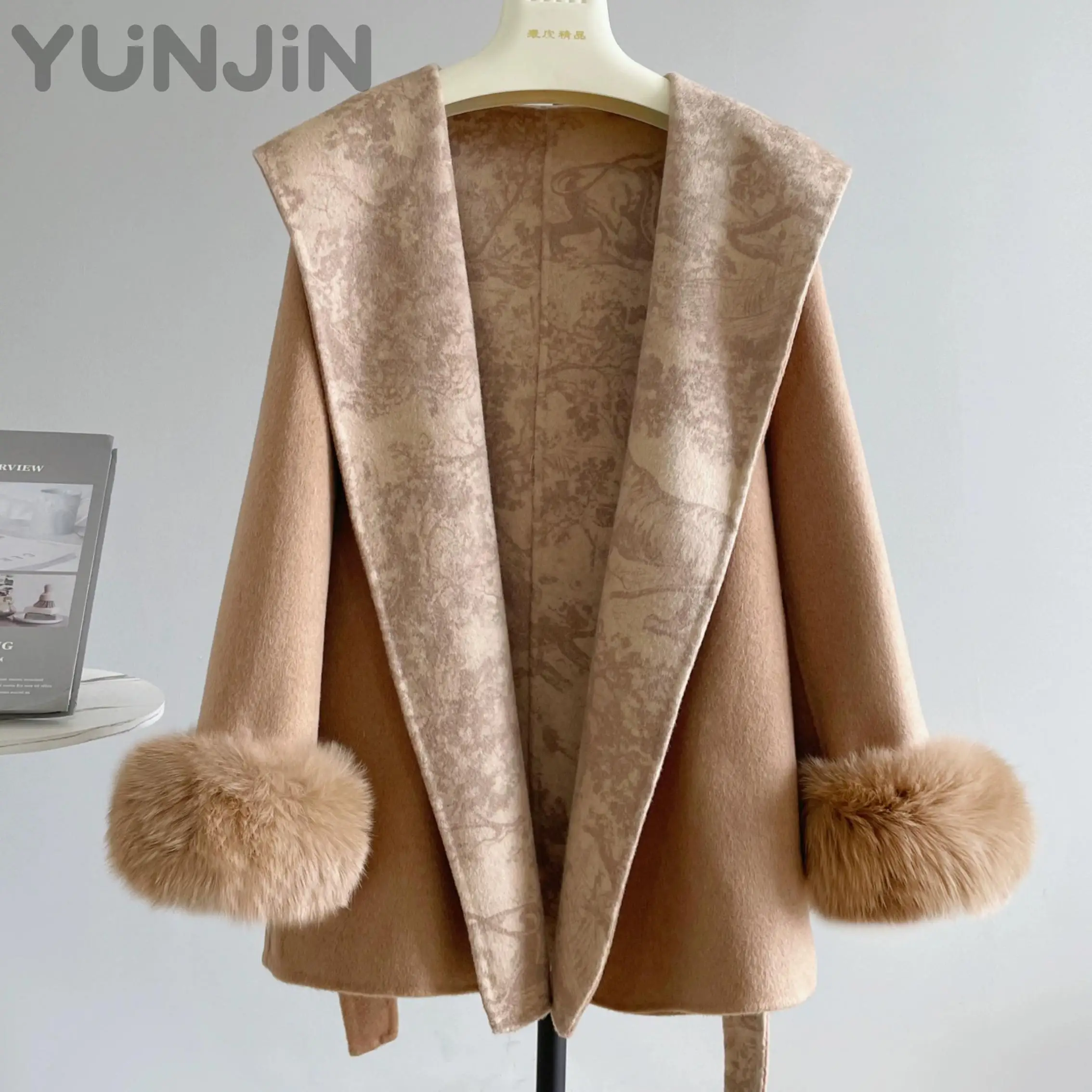 Fox-Fur-Sleeve Double Face Wool Coat Women Hooded Winter