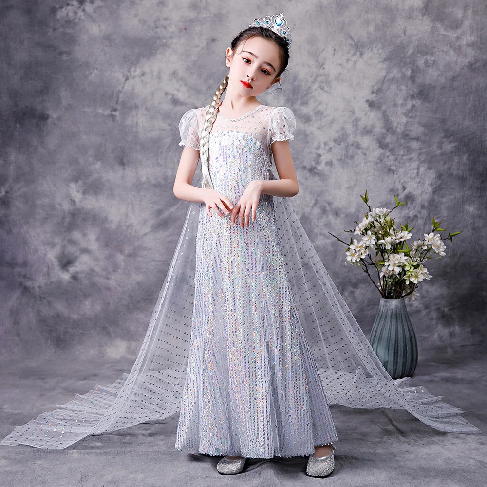Girls Fancy Short Sleeve White Cosplay Costume Party Princess Movie Frozn 2  Elsa Dress
