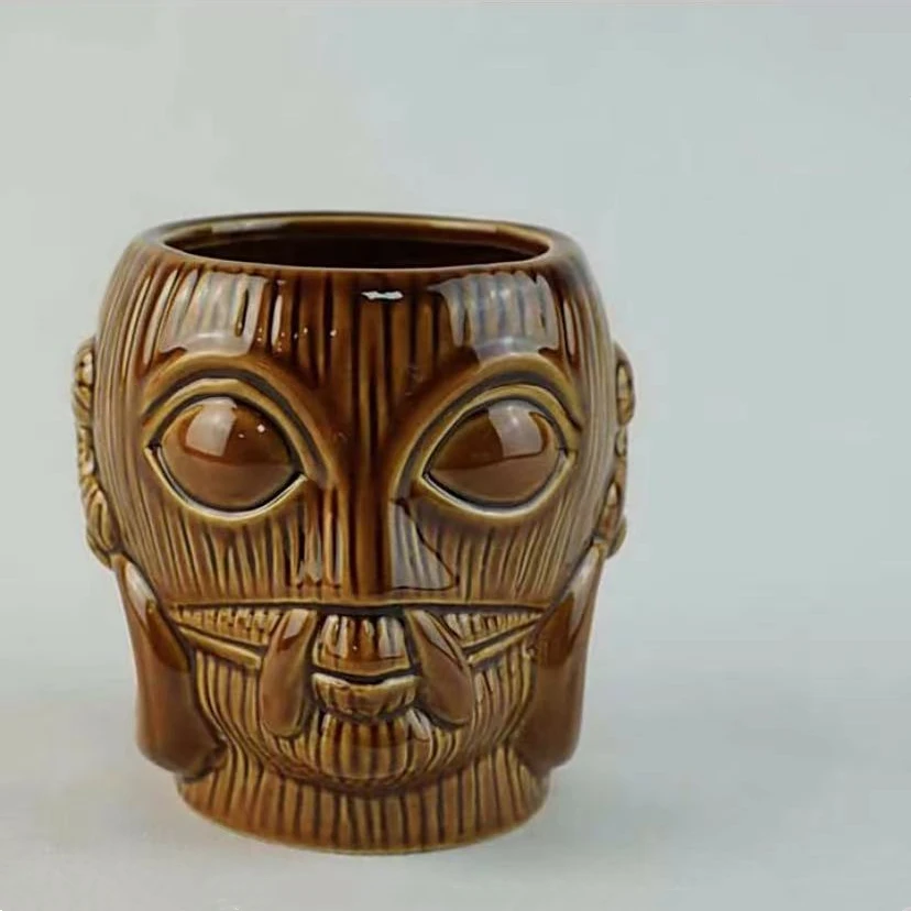 Vintage Style Tiki Mugs Good Quality Brown Ceramic Hand Painted Face Design 700ml Capacity Spoon for Coffee for Business Gifts