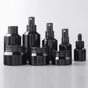 In Stock MOQ 1000PCS Black Glass Ingredients Bottle Cylinder Thick Bottom Skincare Packaging Cream Jar Lotion Toner Pump Bottle