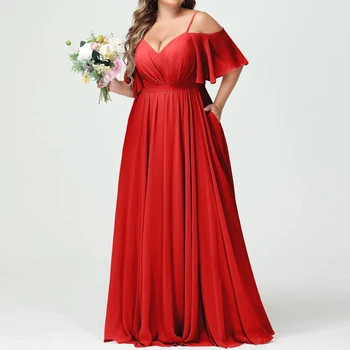 Fashion new Bridesmaid Dress with Thin shoulder Long solid color Summer V-neck dress Chiffon plus size elegant dress with pocket