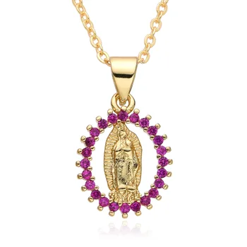 Hot Sale Fashion Gold Jewelry Religious Copper Microinlaid Multicoloured Zircon Oval Virgin Mary God Necklace Pendant Jewelry