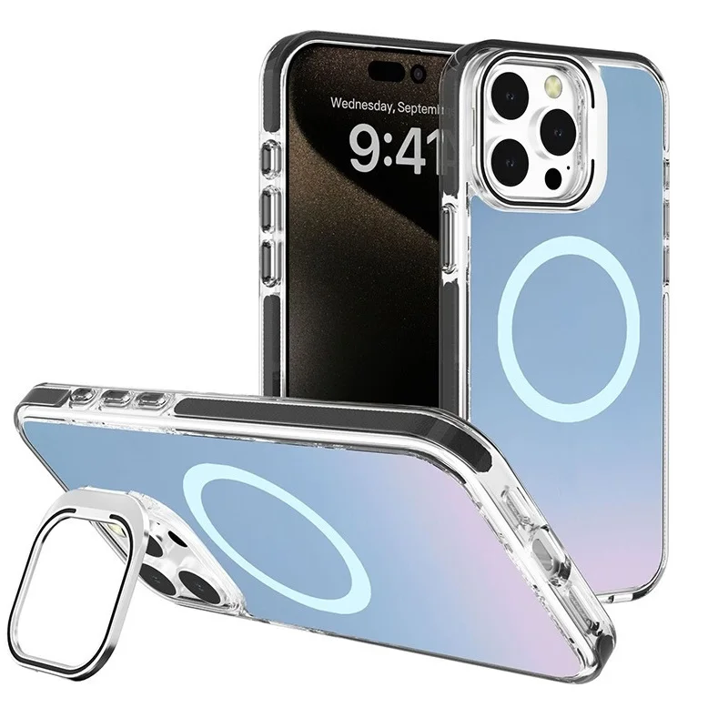J2 Metal Camera Stand Laser Color Changing Frosted Matte Case for IPhones 16 Pro Max Magnetic PC Back Cover TPU Bumper Case