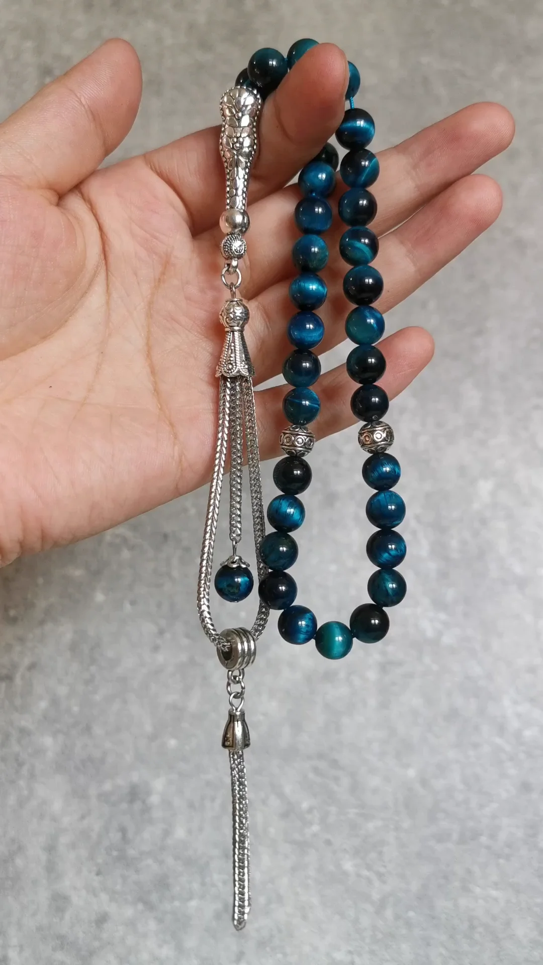 Natural Stone Tasbih Muslim Prayer Beads Blue Tiger Eye Rosary Misbaha ...