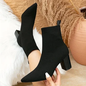 Custom Boots Manufacturer Black Fly Woven Breathable Block High Heel Pointed Toe Ankle Booties Rope Slip on Ankle Boots Women