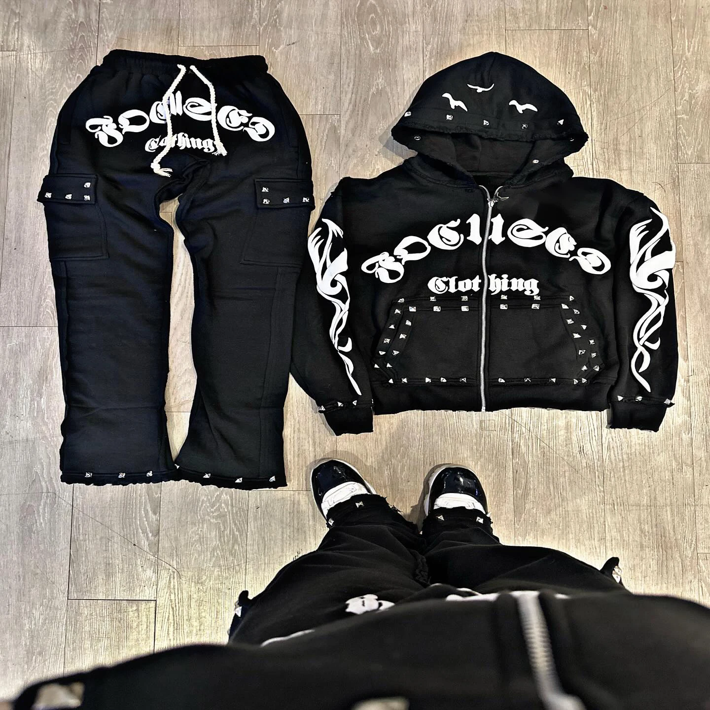 New Casual Street Wear Rhinestone Acid Wash Jogger Tracksuit Cotton Custom Logo Sun Faded Flared Sweatpants Zip Hoodie Set Men
