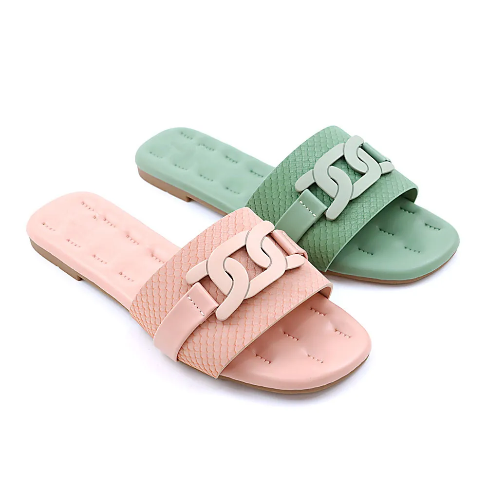 New Elegant Female Casual Pu Leather Slipper Shoes Girl Square Toe Summer  Chain Buckle Slides Flat Sandals For Women And Ladies - Buy Sandals Women  Women Casual Flat Sandals Flat Sandals For