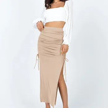 Amazon new product cotton wrap skirt knee-length wrap maxi pencil skirt retro pleated sexy buttocks long skirt