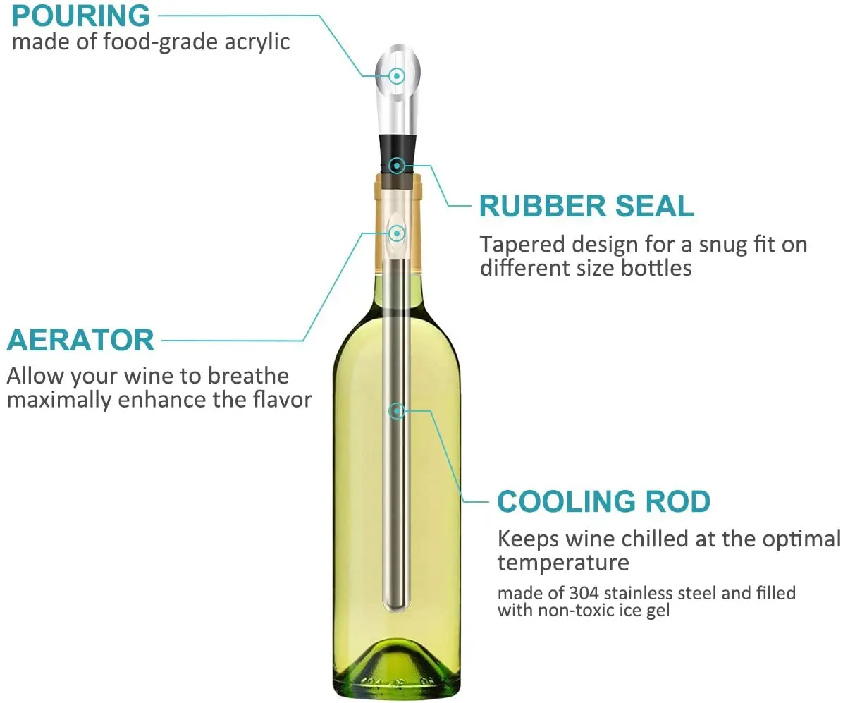 3-in-1 Stainless Steel Wine Bottle Cooler Stick Wine Chiller Perfect Wine Accessories Gift Rapid Iceless Wine Chilling Rod with Aerator and Pourer 