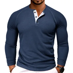 European American Men's Autumn Winter POIO Raglan T-Shirt Long Sleeve Casual Henry Bottom Waffle Neck Solid Design Knitted