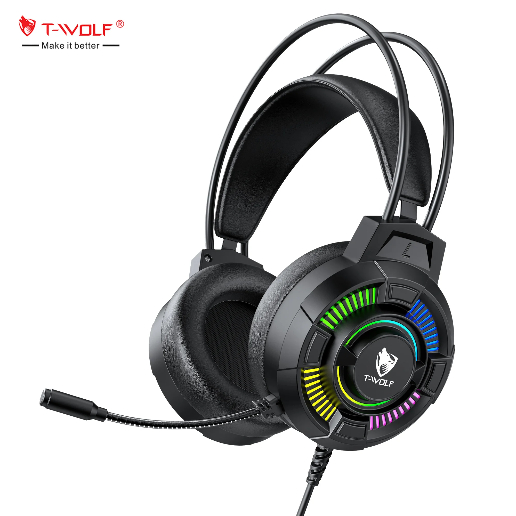 T-WOLF H140 Wired Gaming Headset with RGB Lighting & ANC - Ideal