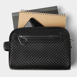 Custom Logo Black Woven Leather Fashion Men's Toiletry Wash Bag Large Travel Dopp Kit for Men