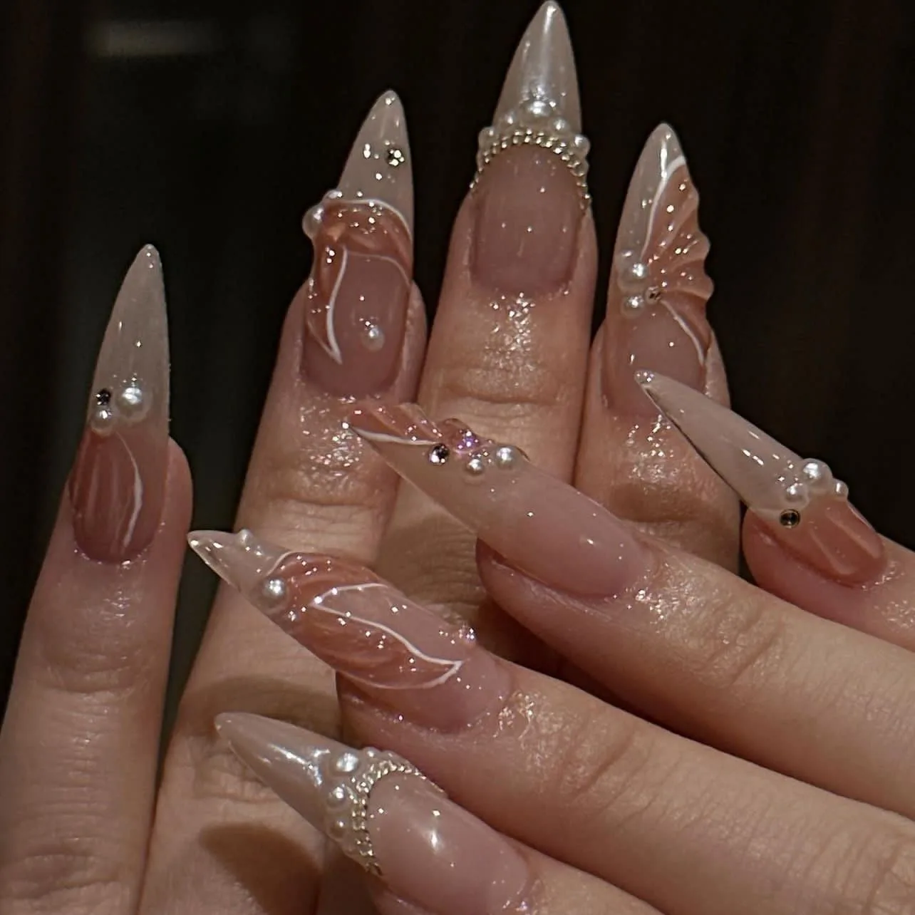 Acrylic Short Nails with 3D Pearls