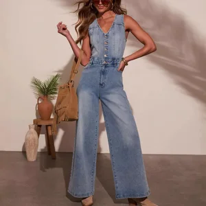Sleeveless Women's Denim Jumpsuits Rompers New Casual V-neck Long Pants Denim Jumpsuit Pants for Women