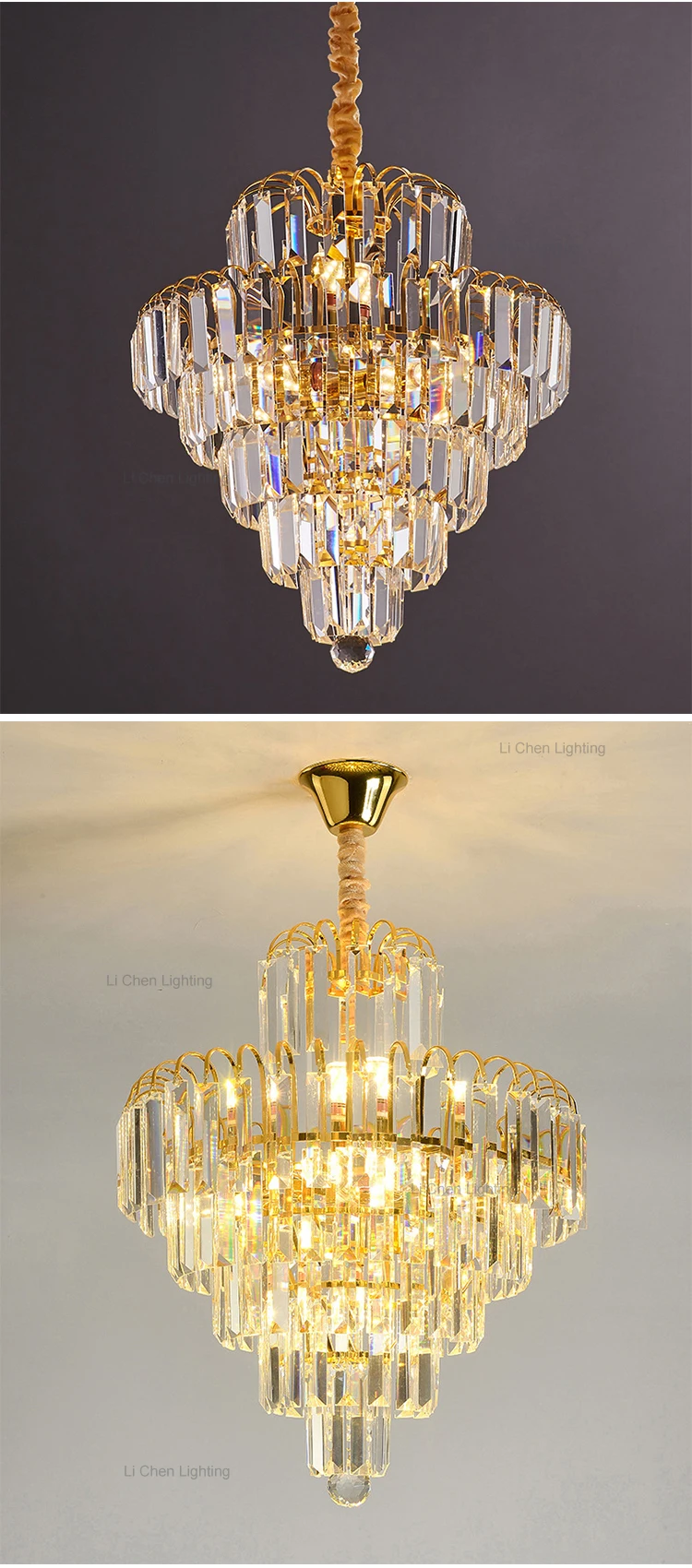 p0058 luxury round gold crystal chandelier  modern tiered led pendant lamp for living room-1