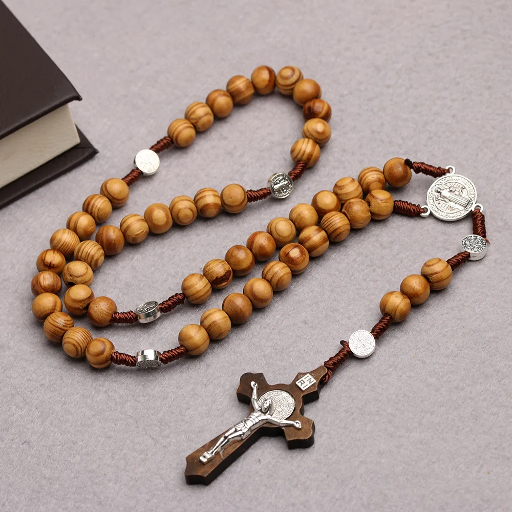 Handmade Wooden Beads Catholic Rosary Necklace with Cross